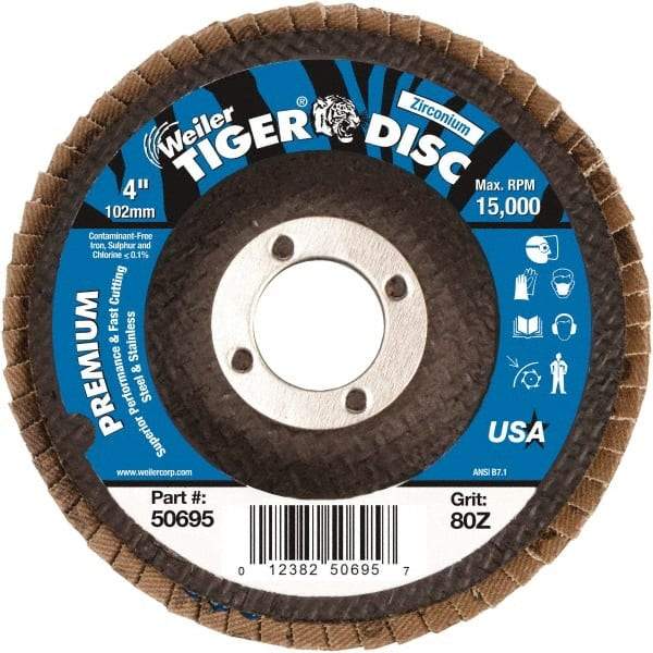 Weiler - 80 Grit, 4" Disc Diam, 5/8" Center Hole, Type 27 Zirconia Alumina Flap Disc - 15,000 Max RPM, Phenolic Backing, Arbor Attaching System, Coated - Eagle Tool & Supply