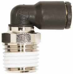 Push-to-Connect Tube Fitting: Male Swivel Elbow, 1/8″ Thread, 1/8″ OD Glass Reinforced Nylon & Nickel-Plated Brass, 225 psi