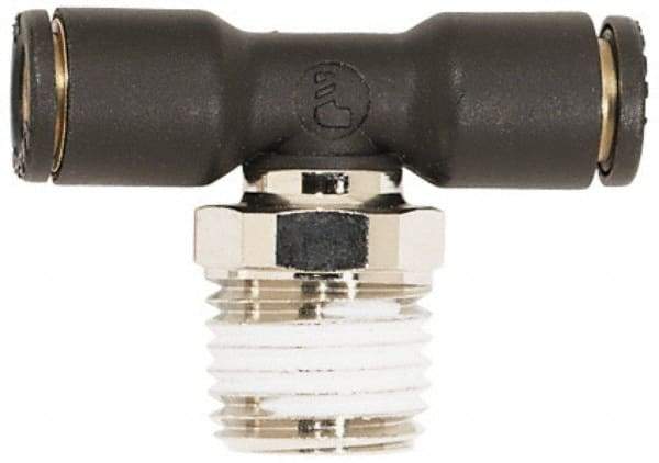 Coilhose Pneumatics - 3/8" OD, 1/4 NPT, Glass Reinforced Nylon/Nickel Plated Brass Push-to-Connect Male Swivel Branch Tee - 225 Max psi - Eagle Tool & Supply