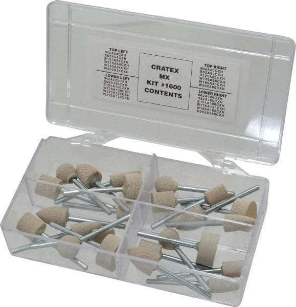 Cratex - 28 Piece Rubber Mounted Abrasive Wheel Set - Includes Shapes B121, B42, B52, W176, W185 & W202 - Eagle Tool & Supply