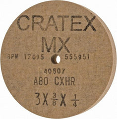 Cratex - 3" Diam x 1/4" Hole x 3/8" Thick, 80 Grit Surface Grinding Wheel - Aluminum Oxide, Type 1, Medium Grade, 12,095 Max RPM, No Recess - Eagle Tool & Supply