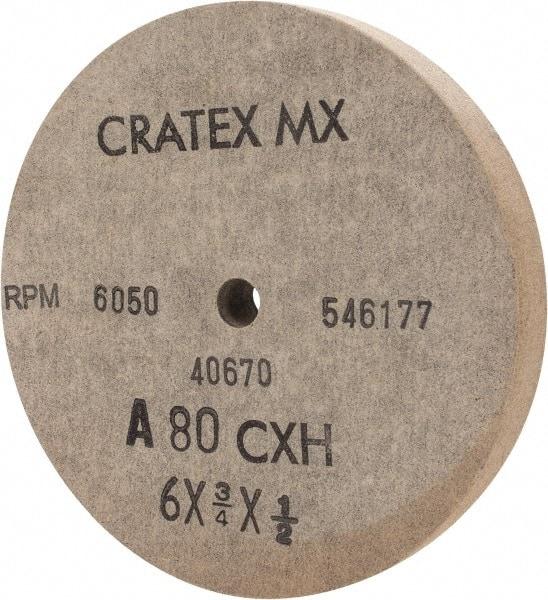 Cratex - 6" Diam x 1/2" Hole x 3/4" Thick, 80 Grit Surface Grinding Wheel - Aluminum Oxide, Type 1, Medium Grade, 6,050 Max RPM, No Recess - Eagle Tool & Supply