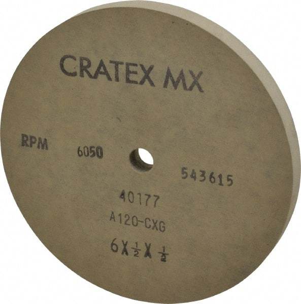 Cratex - 6" Diam x 1/2" Hole x 1/2" Thick, 120 Grit Surface Grinding Wheel - Aluminum Oxide, Type 1, Fine Grade, 6,050 Max RPM, No Recess - Eagle Tool & Supply