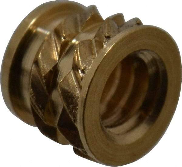 E-Z LOK - #2-56, 0.118" Small to 0.123" Large End Hole Diam, Brass Single Vane Tapered Hole Threaded Insert - 0.136" Insert, 0.122" Pilot Diam, 0.115" OAL, 0.08" Min Wall Thickness - Eagle Tool & Supply