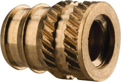 E-Z LOK - #10-24, 0.246" Small to 0.277" Large End Hole Diam, Brass Double Vane Tapered Hole Threaded Insert - 19/64" Insert, 1/4" Pilot Diam, 3/8" OAL, 0.159" Min Wall Thickness - Eagle Tool & Supply