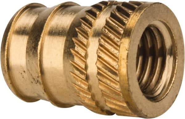 E-Z LOK - 1/4-28, 0.321" Small to 0.363" Large End Hole Diam, Brass Double Vane Tapered Hole Threaded Insert - 3/8" Insert, 0.332" Pilot Diam, 1/2" OAL, 0.194" Min Wall Thickness - Eagle Tool & Supply