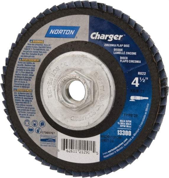 Norton - 24 Grit, 4-1/2" Disc Diam, 5/8-11 Center Hole, Type 29 Zirconia Alumina Flap Disc - 13,000 Max RPM, Fiberglass Backing, Coated - Eagle Tool & Supply