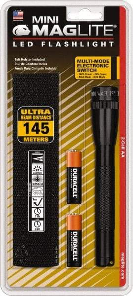 Mag-Lite - White LED Bulb, 97 Lumens, Mini Flashlight - Black Aluminum Body, 2 AA Alkaline Batteries Included - Eagle Tool & Supply