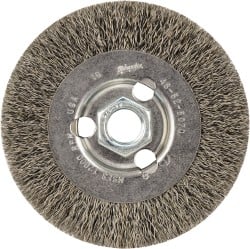 Wheel Brush: 4″ Wheel Dia, Crimped 5/8″ Hole, Steel, 12,000 RPM