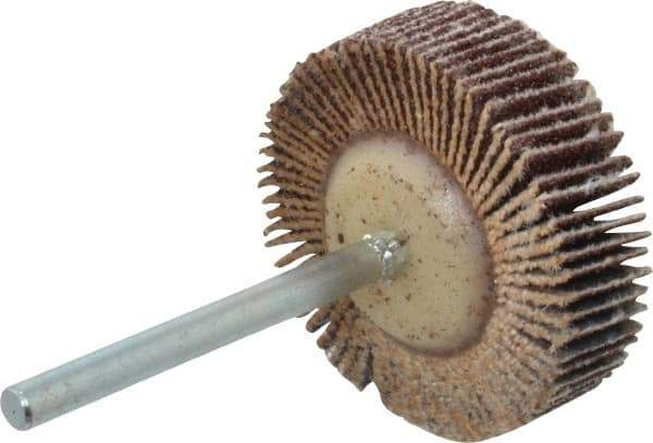 Merit Abrasives - 1-3/16" Diam x 3/8" Face Width, Medium Aluminum Oxide Coated Mounted Flap Wheel - 1/8" Shank Mount, 80 Grit, Cloth Backing, 30,000 Max RPM - Eagle Tool & Supply