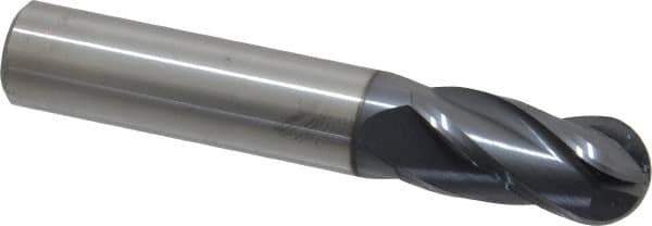 SGS - 1/2" Diam, 1" LOC, 4 Flute Solid Carbide Ball End Mill - AlTiN Finish, Single End, 3" OAL, 1/2" Shank Diam, Spiral Flute - Eagle Tool & Supply