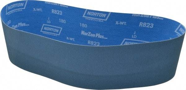 Norton - 4" Wide x 36" OAL, 180 Grit, Zirconia Alumina Abrasive Belt - Zirconia Alumina, Very Fine, Coated, X Weighted Cloth Backing, Series R823 - Eagle Tool & Supply
