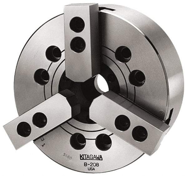 Kitagawa - 3 Jaws, 12" Chuck Diam, Plain Back Mount, 3.5827" Through Hole, Drawbar, Hydraulic Power Lathe Chuck - 31,718 Lb Force per Jaw, 1.5mm x 60 Serrated Jaw Interface, 34mm to 304mm Jaw Capacity, 3,300 RPM, High Speed Steel Body - Eagle Tool & Supply