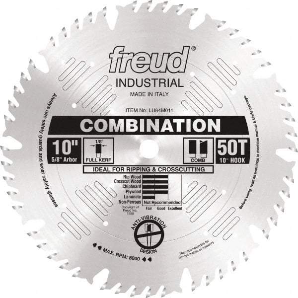 Freud - 10" Diam, 5/8" Arbor Hole Diam, 50 Tooth Wet & Dry Cut Saw Blade - Carbide-Tipped, Standard Round Arbor - Eagle Tool & Supply