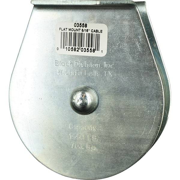 Block Division - 1, 550 Lbs. Load Limit, Flat Standard Block - Upright Mount, Single Sheave, 3-1/2 Inch Outside Diameter, Wire Rope, 5/16 Inch Diameter, Eye, 1-3/16 Inch Inside Diameter, Carbon Steel, Zinc Plated Finish - Eagle Tool & Supply