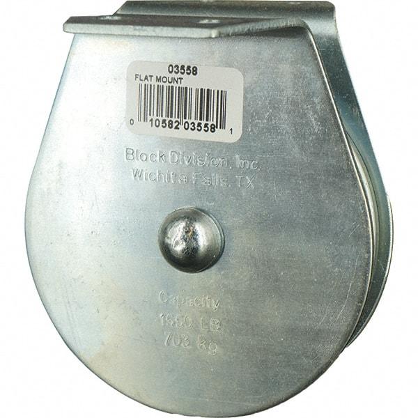 Block Division - 1, 550 Lbs. Load Limit, Flat Standard Block - Upright Mount, Single Sheave, 3-3/4 Inch Outside Diameter, Wire Rope, 3/8 Inch Diameter, Eye, 1-1/8 Inch Inside Diameter, Carbon Steel, Zinc Plated Finish - Eagle Tool & Supply