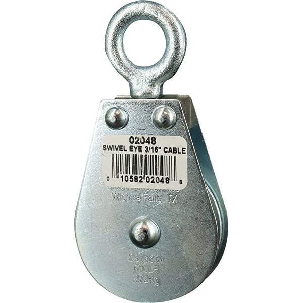 Block Division - 600 Lbs. Load Limit, Swivel Eye Standard Block - Single Sheave, 2 Inch Outside Diameter, Wire Rope, 3/16 Inch Diameter, Eye, 5/8 Inch Inside Diameter, Carbon Steel, Zinc Plated Finish - Eagle Tool & Supply