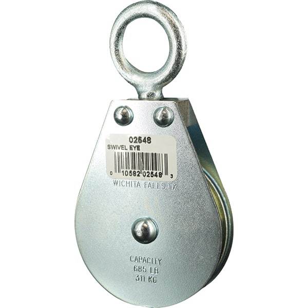 Block Division - 685 Lbs. Load Limit, Swivel Eye Standard Block - Single Sheave, 2-1/2 Inch Outside Diameter, Wire Rope, 1/4 Inch Diameter, Eye, 7/8 Inch Inside Diameter, Carbon Steel, Zinc Plated Finish - Eagle Tool & Supply