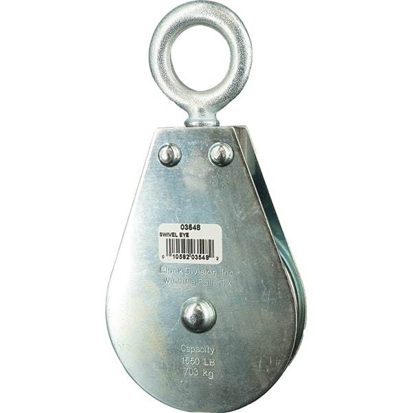 Block Division - 1, 550 Lbs. Load Limit, Swivel Eye Standard Block - Single Sheave, 3-1/2 Inch Outside Diameter, Wire Rope, 5/16 Inch Diameter, Eye, 1-3/16 Inch Inside Diameter, Carbon Steel, Zinc Plated Finish - Eagle Tool & Supply