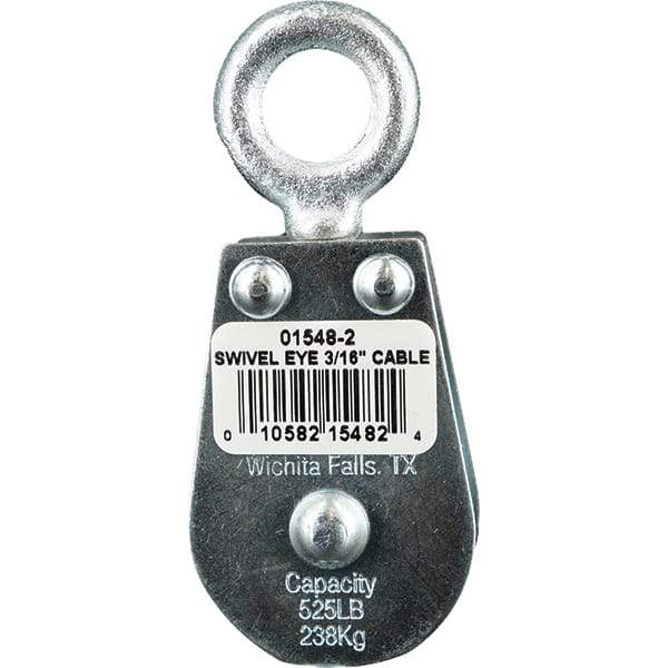 Block Division - 525 Lbs. Load Limit, Swivel Eye Standard Block - Double Sheave, 1-1/2 Inch Outside Diameter, Wire Rope, 3/16 Inch Diameter, Eye, 5/8 Inch Inside Diameter, Carbon Steel, Zinc Plated Finish - Eagle Tool & Supply