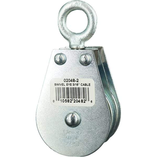 Block Division - 600 Lbs. Load Limit, Swivel Eye Standard Block - Double Sheave, 2 Inch Outside Diameter, Wire Rope, 3/16 Inch Diameter, Eye, 5/8 Inch Inside Diameter, Carbon Steel, Zinc Plated Finish - Eagle Tool & Supply