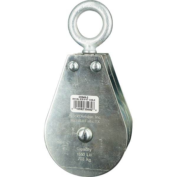 Block Division - 1, 550 Lbs. Load Limit, Swivel Eye Standard Block - Double Sheave, 3-1/2 Inch Outside Diameter, Wire Rope, 5/16 Inch Diameter, Eye, 1-3/16 Inch Inside Diameter, Carbon Steel, Zinc Plated Finish - Eagle Tool & Supply