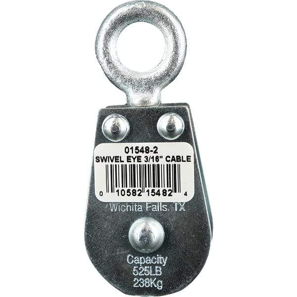 Block Division - 525 Lbs. Load Limit, Swivel Eye Snatch Block - Double Sheave, 1-5/8 Inch Outside Diameter, Wire Rope, 3/16 Inch Diameter, Eye, 5/8 Inch Inside Diameter, Carbon Steel, Zinc Plated Finish - Eagle Tool & Supply