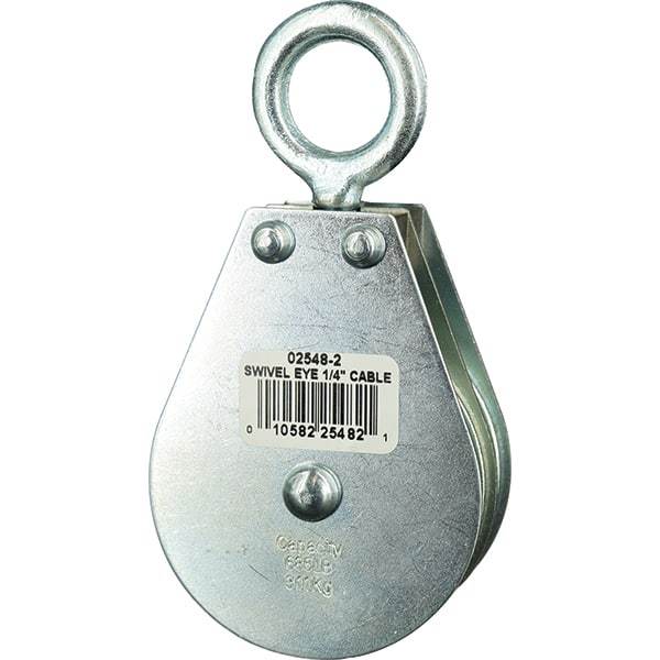 Block Division - 685 Lbs. Load Limit, Swivel Eye Snatch Block - Double Sheave, 2-1/2 Inch Outside Diameter, Wire Rope, 1/4 Inch Diameter, Eye, 7/8 Inch Inside Diameter, Carbon Steel, Zinc Plated Finish - Eagle Tool & Supply