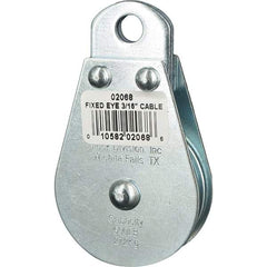 Block Division - 600 Lbs. Load Limit, Rigid Eye Block - Single Sheave, 2 Inch Outside Diameter, Wire Rope, 3/16 Inch Diameter, Eye, 3/8 Inch Inside Diameter, Carbon Steel, Zinc Plated Finish - Eagle Tool & Supply