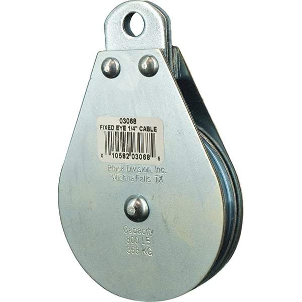 Block Division - 800 Lbs. Load Limit, Rigid Eye Block - Single Sheave, 3 Inch Outside Diameter, Wire Rope, 1/4 Inch Diameter, Eye, 3/8 Inch Inside Diameter, Carbon Steel, Zinc Plated Finish - Eagle Tool & Supply