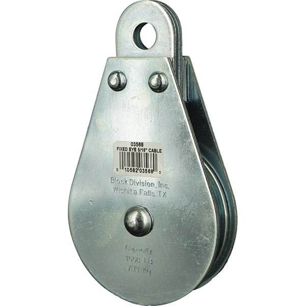 Block Division - 1, 550 Lbs. Load Limit, Rigid Eye Block - Single Sheave, 3-1/2 Inch Outside Diameter, Wire Rope, 5/16 Inch Diameter, Eye, 9/16 Inch Inside Diameter, Carbon Steel, Zinc Plated Finish - Eagle Tool & Supply