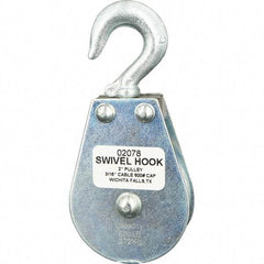 Block Division - 600 Lbs. Load Limit, Swivel Hook Block - Single Sheave, 2 Inch Outside Diameter, Wire Rope, 3/16 Inch Diameter, Eye, 3/8 Inch Inside Diameter, Carbon Steel, Zinc Plated Finish - Eagle Tool & Supply