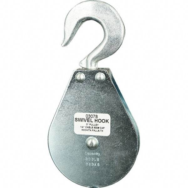 Block Division - 800 Lbs. Load Limit, Swivel Hook Block - Single Sheave, 3 Inch Outside Diameter, Wire Rope, 1/4 Inch Diameter, Eye, 3/8 Inch Inside Diameter, Carbon Steel, Zinc Plated Finish - Eagle Tool & Supply