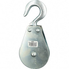 Block Division - 1, 550 Lbs. Load Limit, Swivel Hook Block - Single Sheave, 3-1/2 Inch Outside Diameter, Wire Rope, 5/16 Inch Diameter, Eye, 9/16 Inch Inside Diameter, Carbon Steel, Zinc Plated Finish - Eagle Tool & Supply