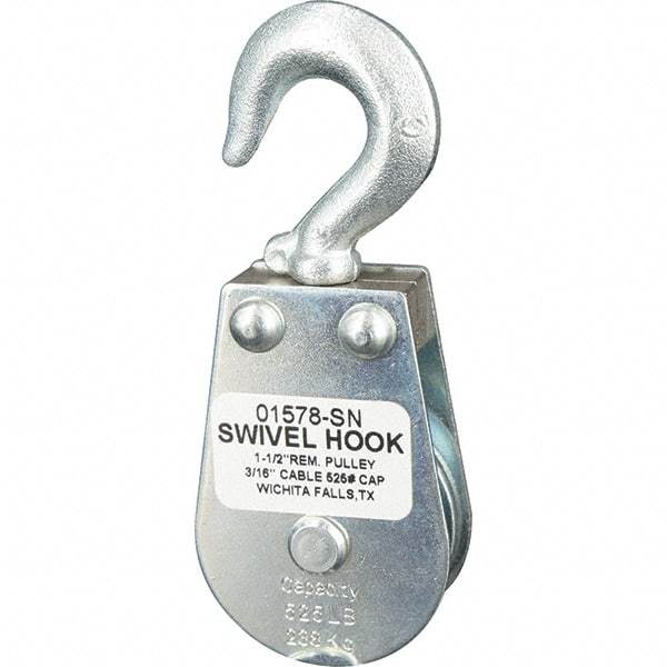 Block Division - 525 Lbs. Load Limit, Swivel Hook Block - Single Sheave, 1-5/8 Inch Outside Diameter, Wire Rope, 3/16 Inch Diameter, Eye, 3/8 Inch Inside Diameter, Carbon Steel, Zinc Plated Finish - Eagle Tool & Supply