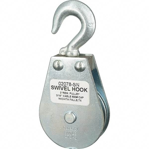 Block Division - 600 Lbs. Load Limit, Swivel Hook Block - Single Sheave, 2-1/8 Inch Outside Diameter, Wire Rope, 3/16 Inch Diameter, Eye, 3/8 Inch Inside Diameter, Carbon Steel, Zinc Plated Finish - Eagle Tool & Supply