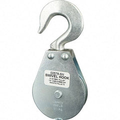 Block Division - 685 Lbs. Load Limit, Swivel Hook Block - Single Sheave, 2-5/8 Inch Outside Diameter, Wire Rope, 1/4 Inch Diameter, Eye, 3/8 Inch Inside Diameter, Carbon Steel, Zinc Plated Finish - Eagle Tool & Supply