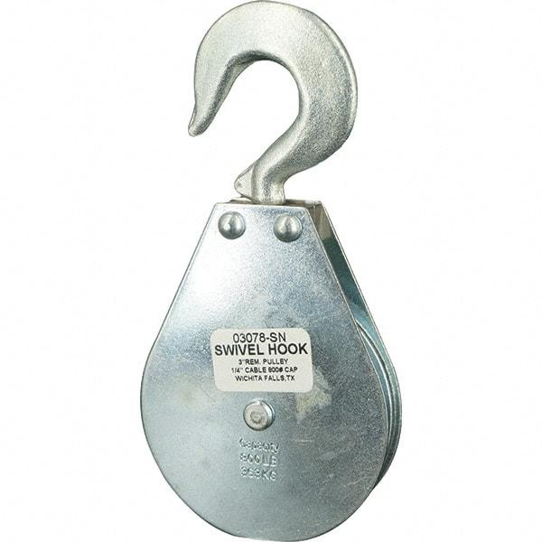 Block Division - 800 Lbs. Load Limit, Swivel Hook Block - Single Sheave, 3-1/8 Inch Outside Diameter, Wire Rope, 1/4 Inch Diameter, Eye, 3/8 Inch Inside Diameter, Carbon Steel, Zinc Plated Finish - Eagle Tool & Supply