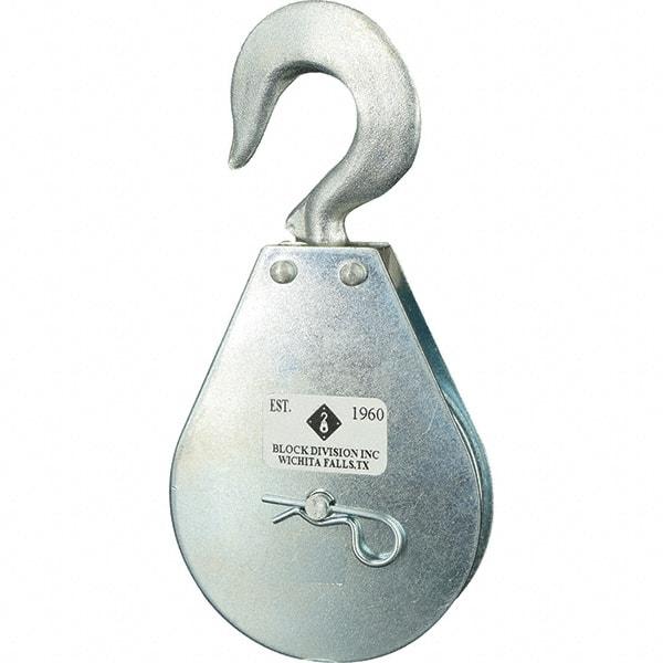 Block Division - 1, 550 Lbs. Load Limit, Swivel Hook Block - Single Sheave, 3-3/4 Inch Outside Diameter, Wire Rope, 5/16 Inch Diameter, Eye, 9/16 Inch Inside Diameter, Carbon Steel, Zinc Plated Finish - Eagle Tool & Supply