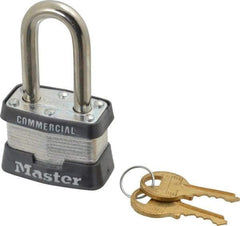 Master Lock - 1-1/2" Shackle Clearance, Keyed Different Padlock - 5/8" Shackle Width, 9/32" Shackle Diam, Laminated Steel - Eagle Tool & Supply