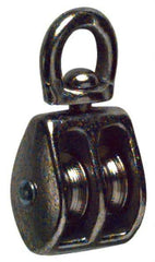 Value Collection - Swivel Eye Double Sheave Pulley - Sheave, 1 Inch Outside Diameter, Fibrous Rope, 1/4 Inch Diameter, Gray Iron, Nickel Plated Finish - Eagle Tool & Supply