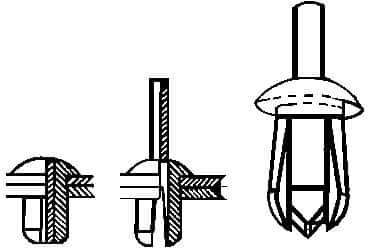 Made in USA - Round Head Nylon Push Mount Blind Rivet - Nylon Mandrel, 0.093" to 0.35" Grip, 0.38" Head Diam, 0.187" Max Hole Diam, 0.45" Length Under Head, 1/8" Body Diam - Eagle Tool & Supply