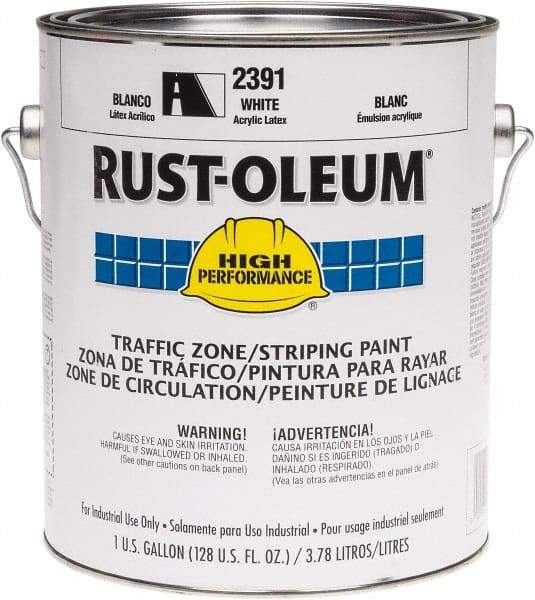 Rust-Oleum - 1 Gallon White Water Based Striping Paint - 410 Linear Ft. at 4 Inch Wide, <100 VOC Compliant, 30 Minutes Tack Free Dry Time, 8 Hrs Recoat Dry Time - Eagle Tool & Supply