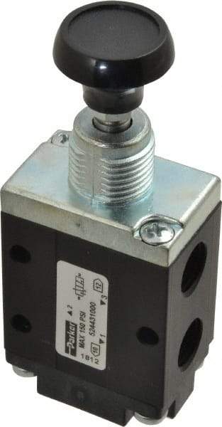 Parker - 0.83 CV Rate, 1/4" NPT Inlet Direct Air 4 Mechanical Spool Valve - 3 Way, 2 Position NC, 150 Max psi, Button Manual Return - Eagle Tool & Supply