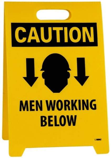 NMC - Caution - Men Working Above, Caution - Men Working Below, 12" Wide x 19" High, Plastic Floor Sign - A-Frame, Black on Yellow, For Accident Prevention - Eagle Tool & Supply
