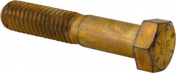 Made in USA - 7/16-14 UNC, 2-1/4" Length Under Head Hex Head Cap Screw - Partially Threaded, Grade 8 Alloy Steel, Zinc Yellow Dichromate Finish, 5/8" Hex - Eagle Tool & Supply