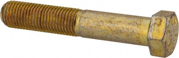Made in USA - 7/16-20 UNF, 2-1/2" Length Under Head Hex Head Cap Screw - Partially Threaded, Grade 8 Alloy Steel, Zinc Yellow Dichromate Finish, 5/8" Hex - Eagle Tool & Supply