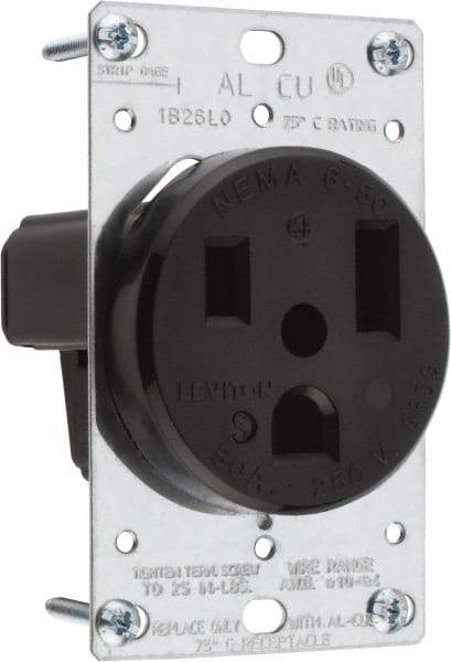 Leviton - 250 VAC, 50 Amp, 6-50P NEMA Configuration, Black, Industrial Grade, Self Grounding Single Receptacle - 1 Phase, 2 Poles, 3 Wire, Flush Mount, Tamper Resistant - Eagle Tool & Supply