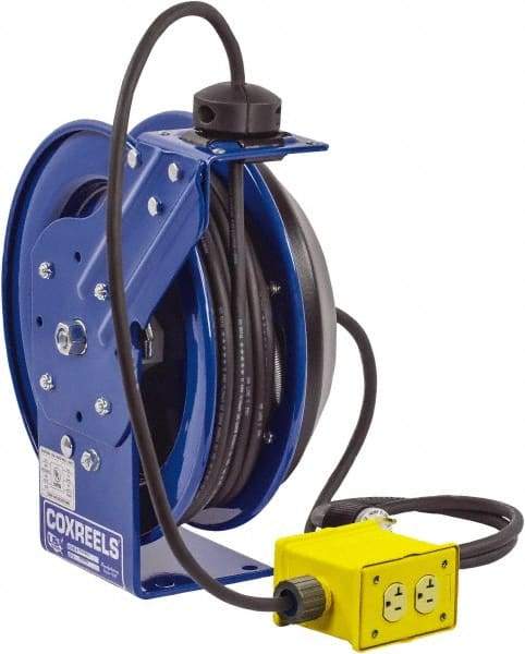 CoxReels - 12 AWG, 100' Cable Length, Cord & Cable Reel with Quad Outlet End - 4 Outlets, NEMA 5-20R, 20 Amps, 115 Volts, SJO Cable, Blue Reel, Spring Driven Reel - Eagle Tool & Supply