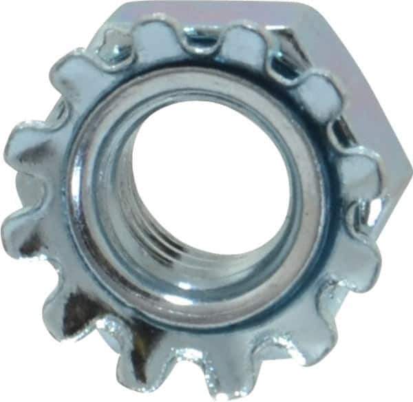 Value Collection - 1/4-28, Zinc Plated, Steel Hex Nut with External Tooth Washer - 1/2" Washer Diam, 7/16" Width Across Flats - Eagle Tool & Supply